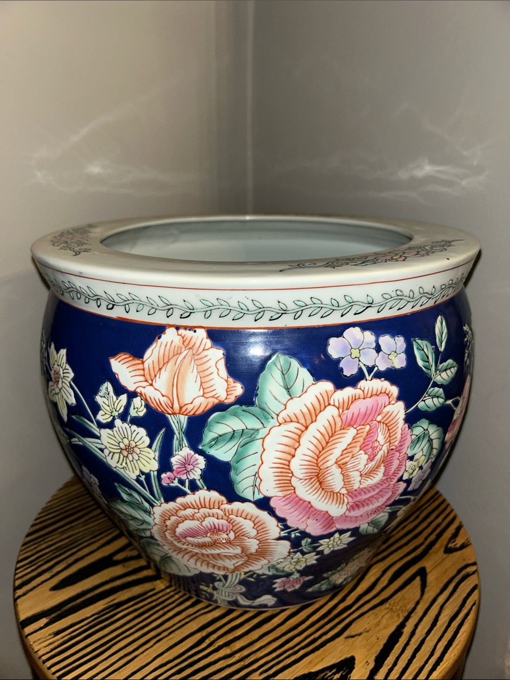 RARE!! Lg Chinese Jardinaire Koi & chrysanthemum Blue Floral Ceramic Planter Pot